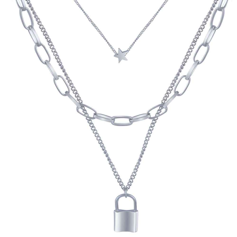 Buy Fashion Frill Trendy Lock Design Silver Plated Multi Layered Chain Necklace Jewellery For Women - Purplle