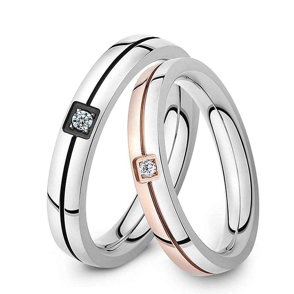 Buy Yellow Chimes Dazzling Stardust Silver Rose Gold Black Stainless Steel Couple Band Rings for Girls and Boys (Design 6) - Purplle