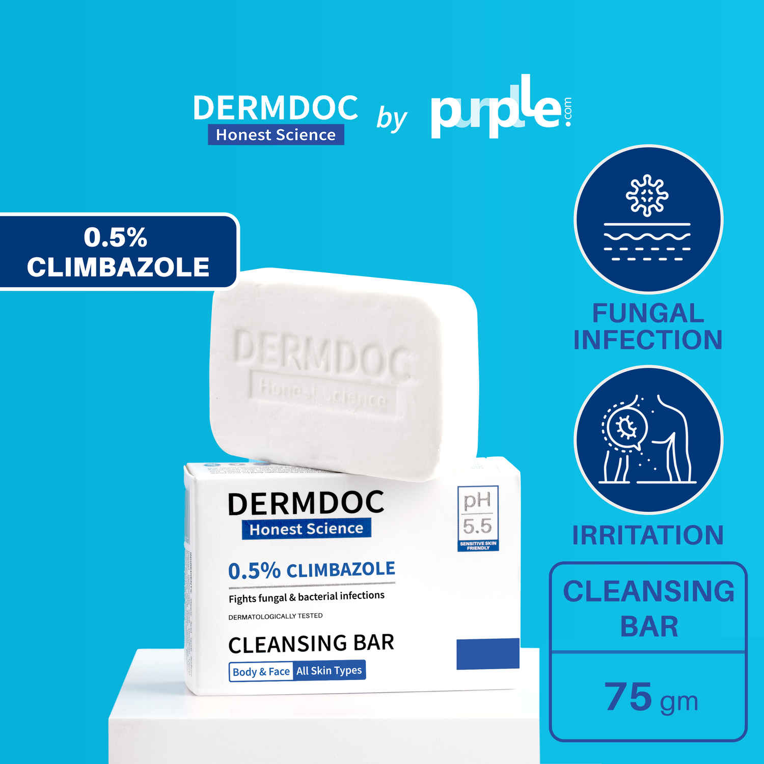 Buy DERMDOC by Purplle Anti Fungal 0.5% Climbazole Cleansing Bar (75g) | gentle deep cleansing bar | antifungal cleansing bar for skin - Purplle