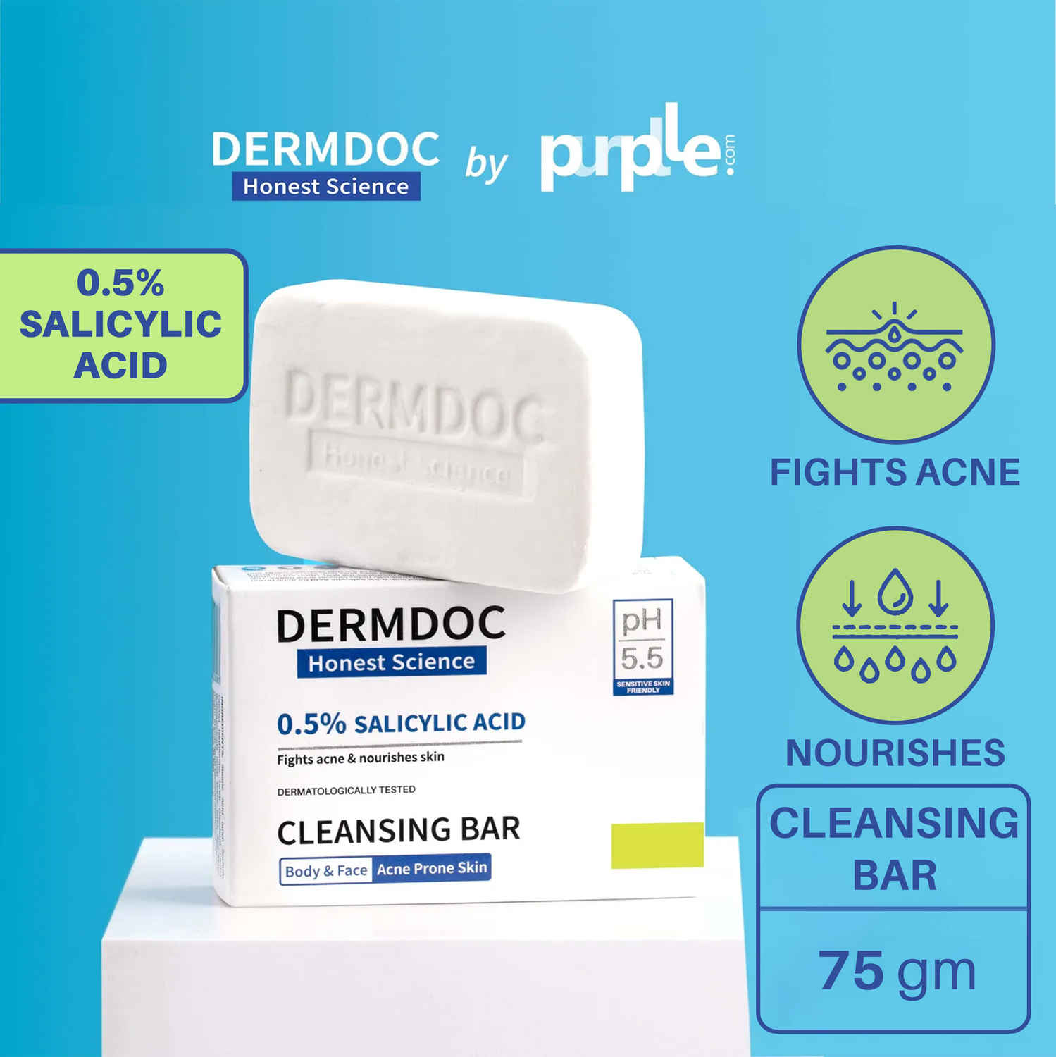 Buy DERMDOC by Purplle 0.5% Salicylic Acid Cleansing Bar (75 gm) | gentle deep cleansing bar | oil control, acne prone skin | salicylic acid for back & body acne - Purplle