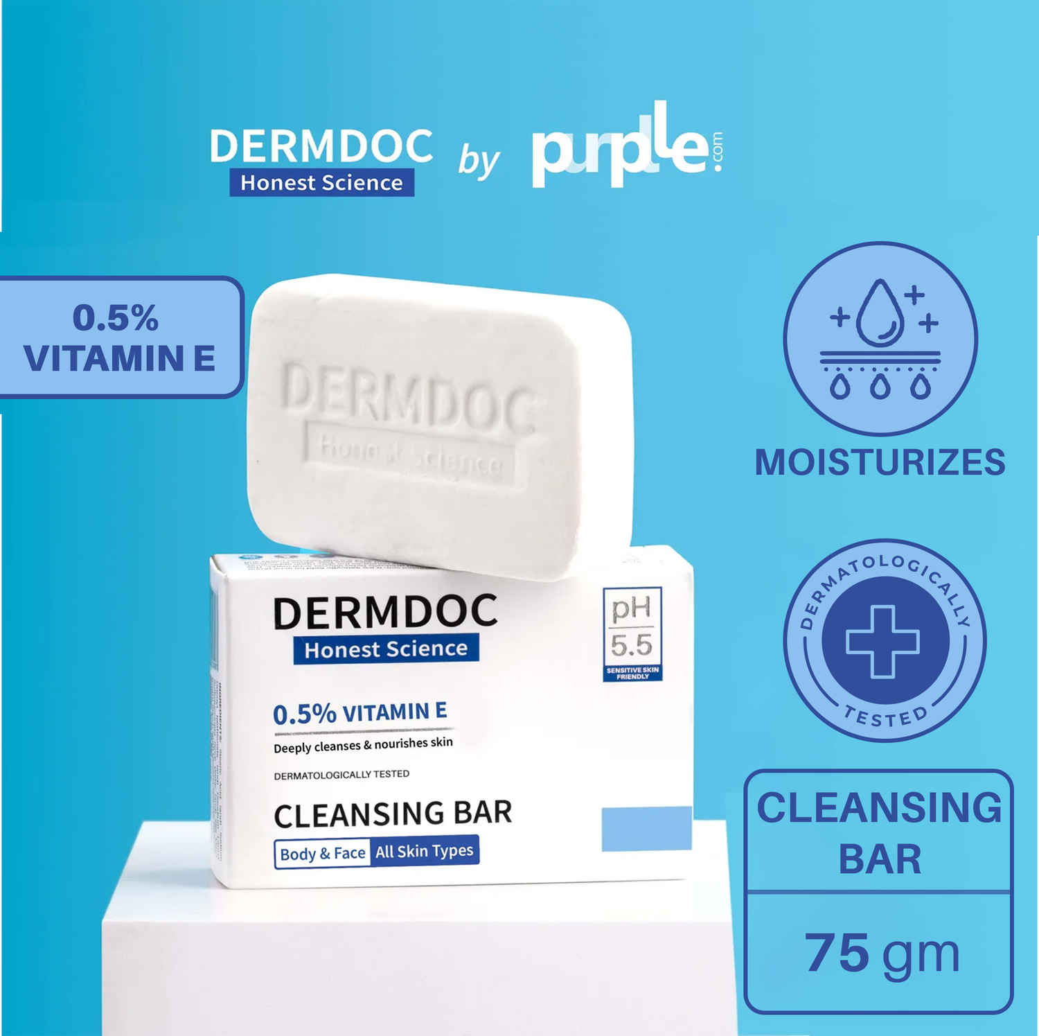 Buy DERMDOC by Purplle 0.5% Vitamin E Cleansing Bar (75 gm) | Soap Free, Alkali Free | Mild, Gentle Cleansing Soap, Moisturising Soap, pH 5.5 Soap | vitamin e for dry skin | facial cleansing bar - Purplle