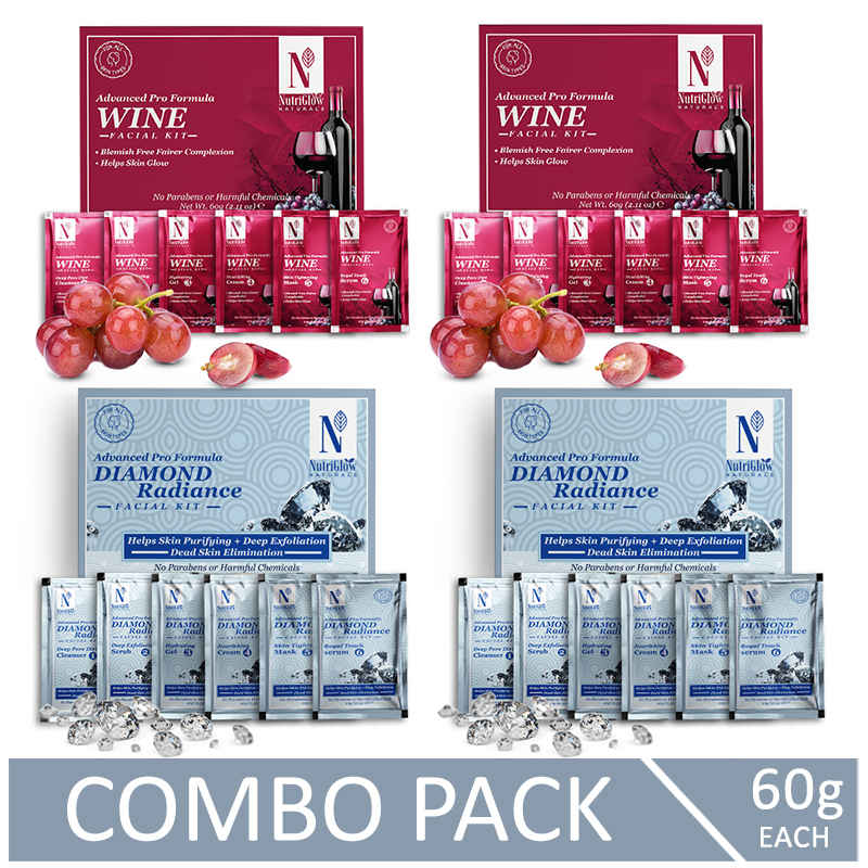 Buy NutriGlow NATURAL'S Advanced Pro Formula Combo Pack of 4 Diamond Radiancet & Wine Facial Kit For Acne & Spot Free, 60gm each - Purplle