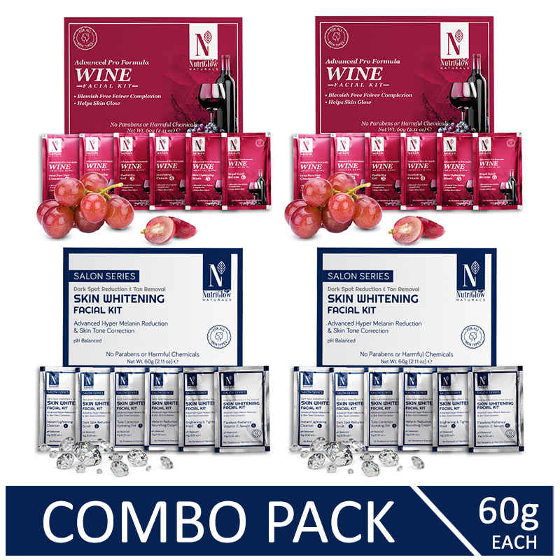 Buy NutriGlow NATURAL'S Advanced Pro Formula Combo Pack of 4 Wine & Skin Whitening Facial Kit For Makes you Look Young, 60gm each - Purplle