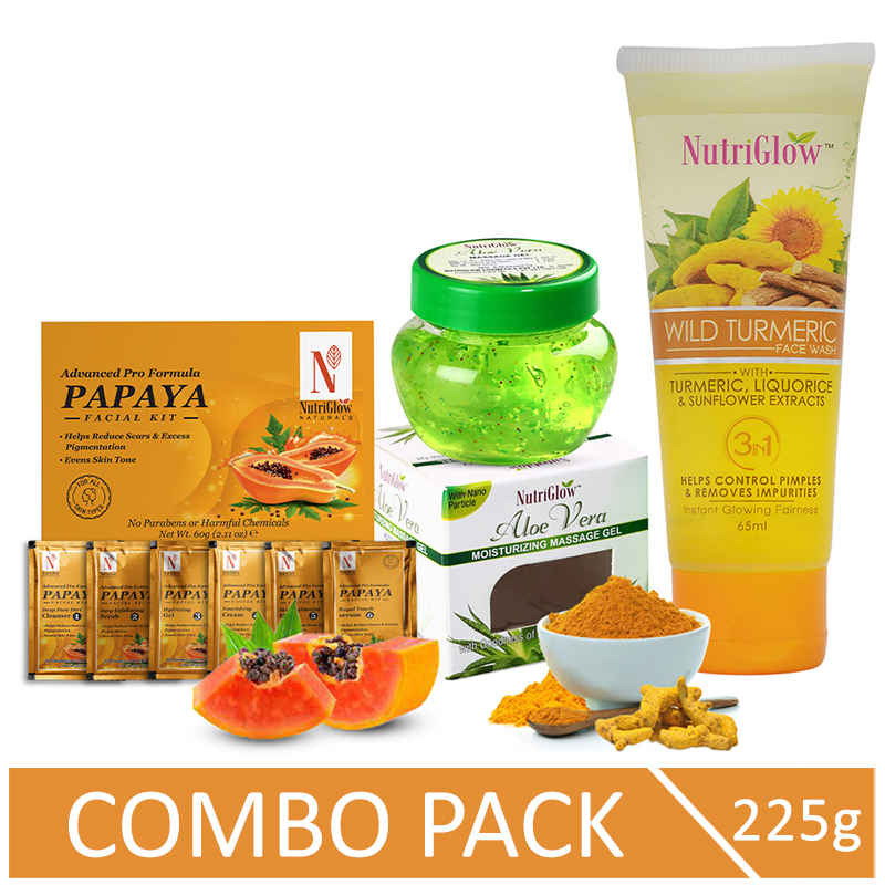 Buy NutriGlow NATURAL'S Advanced Pro Formula Combo of 3 Papaya Facial Kit (60 gm)/ Aloe Vera Face Gel (100 gm) & Wild Turmeric Face Wash (65 ml) - Purplle