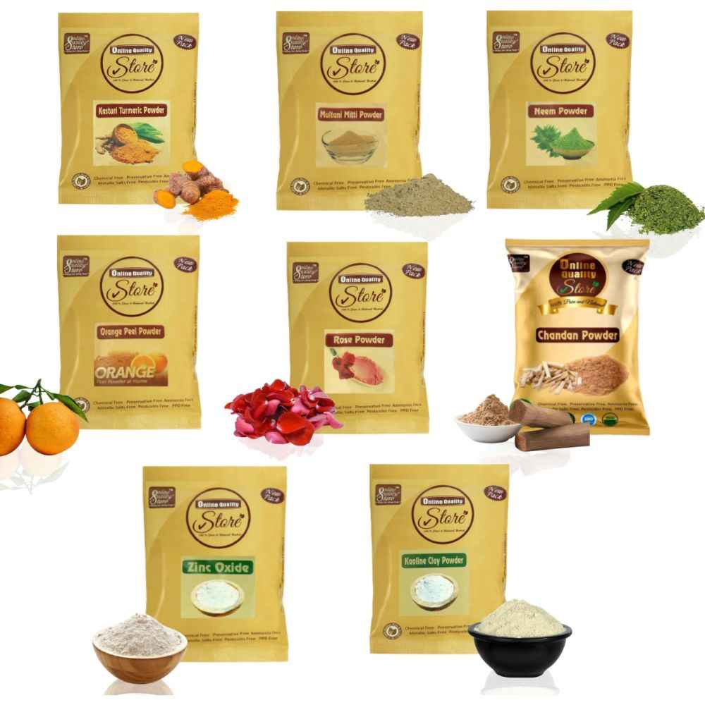 Buy Online Quality Store Multani Mitti Powder ,Neem Powder , Rose Powder, Chandan Powder, Orange Peel Powder, Kasturi Haldi Powder ,Kaolin Clay Powder & Zinc Oxide -50g each{mtticomb50haldiclayZinc50} - Purplle