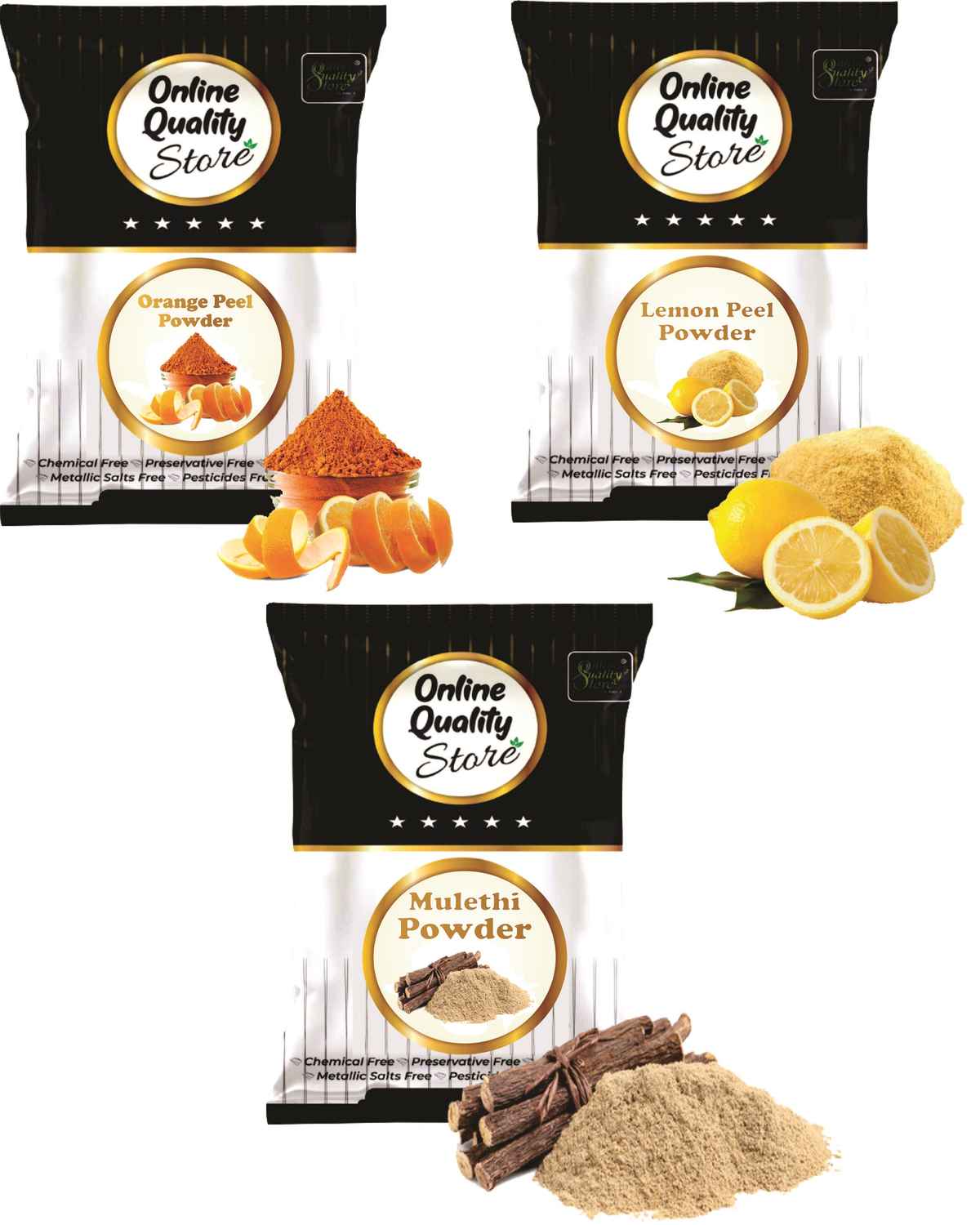 Buy Online Quality Store Face Pack Powder Combo - 300 g (Set of 3) |lemon powder |mulethi powder |orange peel powder |No Parabens, No Sulphates, No Mineral oil{ lemon_mulethi_orange (300 gm)} - Purplle