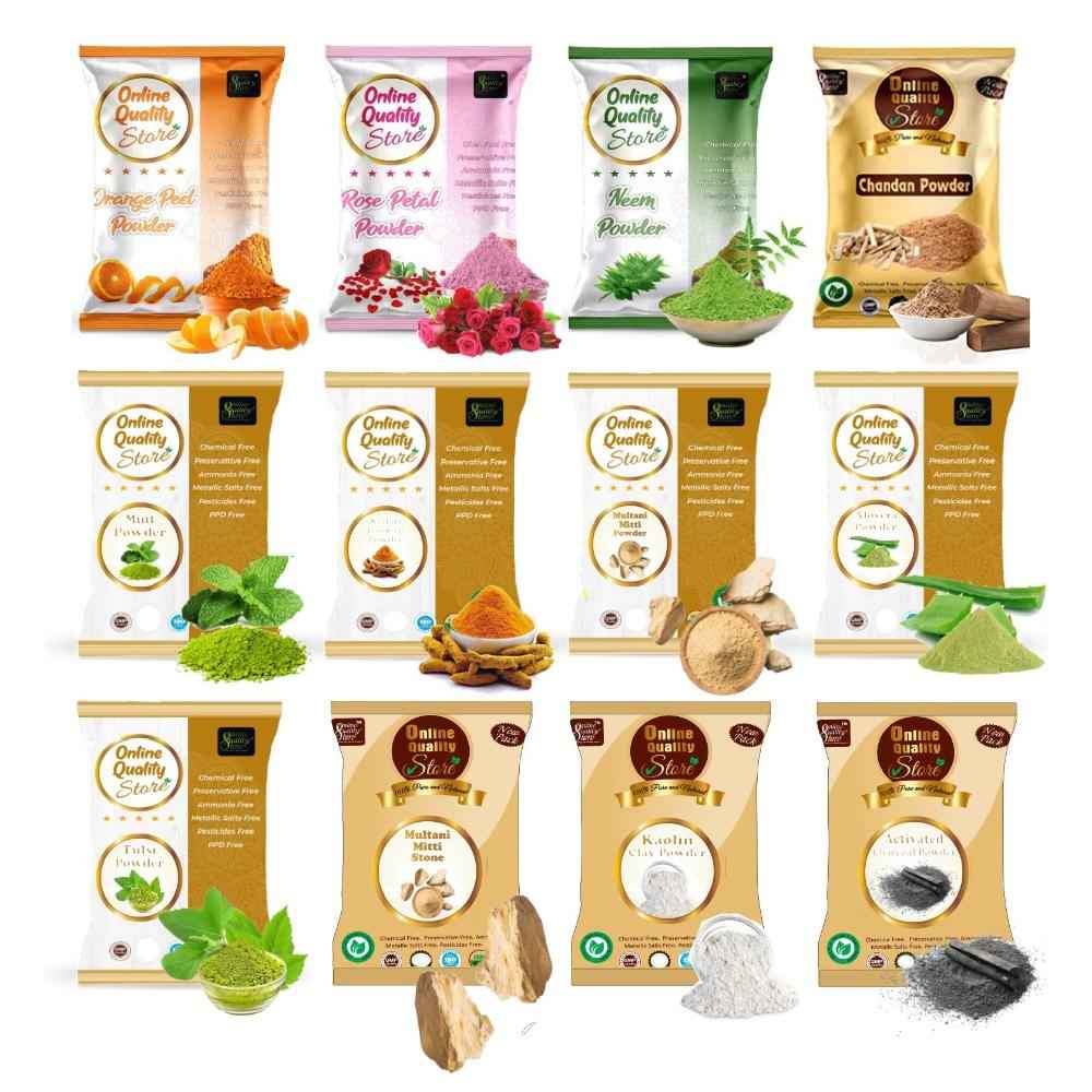 Buy Online Quality Store Multani Mitti, Neem , Orange Peel , Rose , Chandan, Activated Charcoal, Multani Mitti , Kaolin Clay , Mint ,Kasturi Haldi , Alovera , Tulsi powder -600 gm Pack{All_skincare_in1_600} - Purplle
