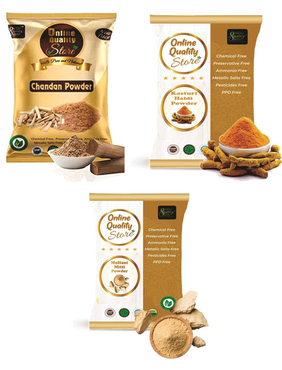 Buy Online Quality Store Face Pack Powder Combo - 150 g (Set of 3) | chandan ka powder |kasturi haldi |wild turmeric |pure neem powder |face mask for acne |Acne Treatment{chan50_haldi50_mitti50} - Purplle