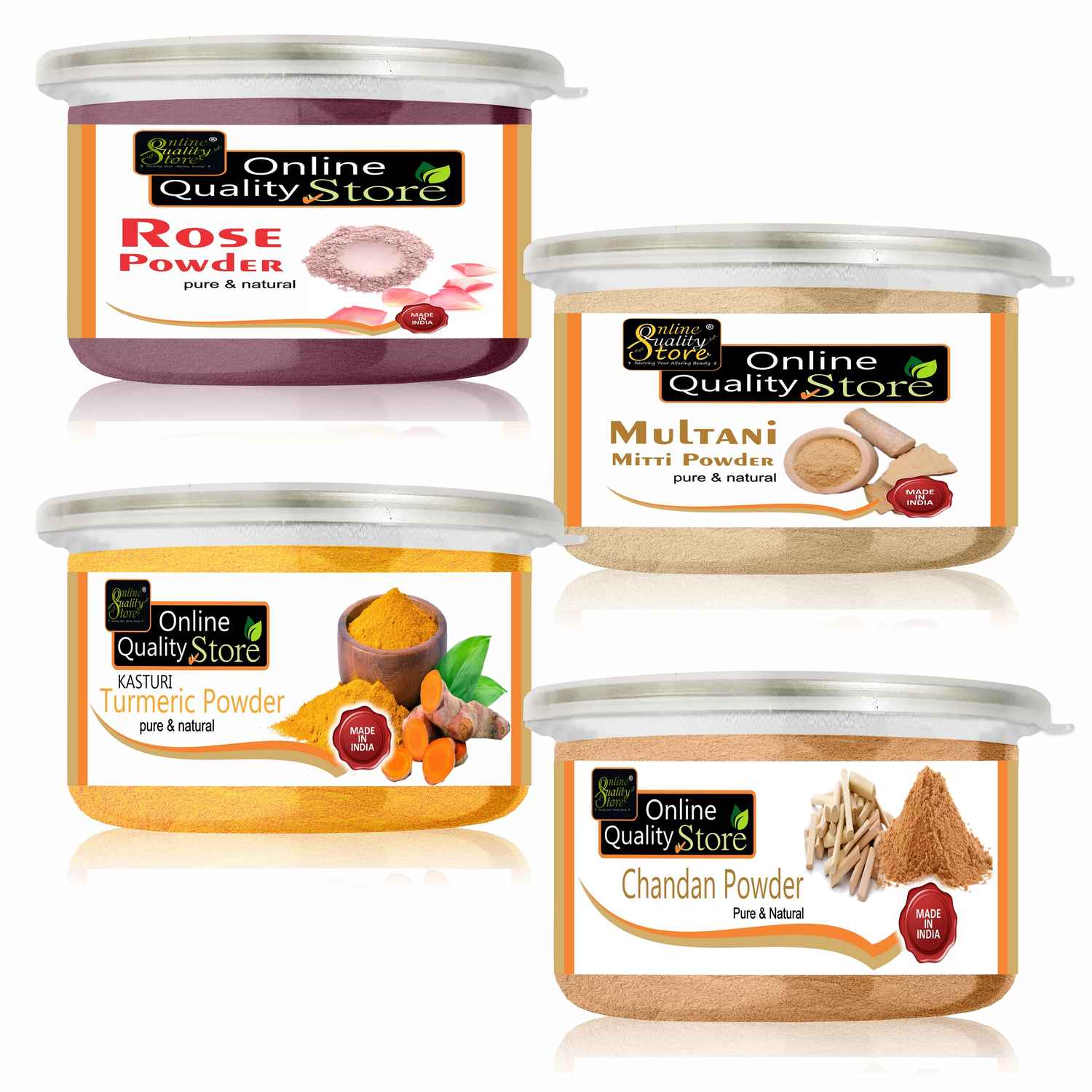 Buy Online Quality Store Face Pack Powder Combo - 500 gm (Set of 4) |Multanimitti Powder +Chandan Powder +Kasturi Turmeric Powder +Rose Powder |Multani Mitti (Fuller Earth) Powder{Mu200_Chan75_ha100_ro125} - Purplle