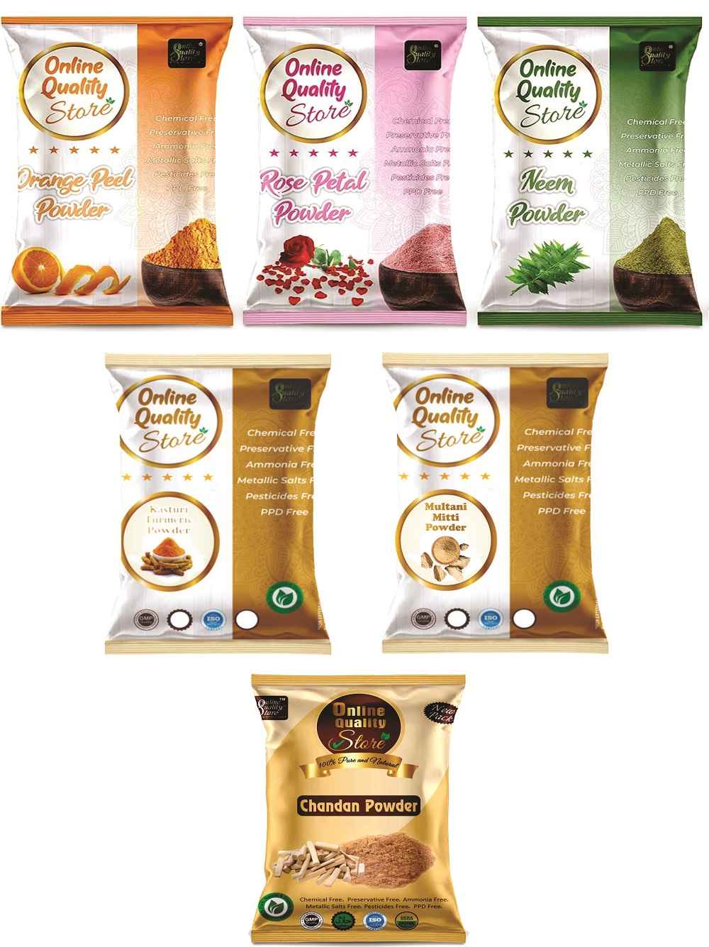 Buy Online Quality Store Multani Mitti Powder (50 gm) with Kasturi Turmeric Powder (50 gm) Orange Powder (50 gm), Neem (50 gm), Chandan Powder (50 gm) and Rose (50 gm)- 300 g (Set of 6){mitticombo_50_haldi_50} - Purplle