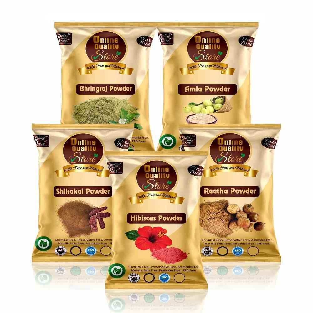 Buy Online Quality Store Amla Reetha Shikakai, Bhringraj and Hibiscus Powder for Hair |Aritha|Ritha|Soapnuts|Hibiscus /gudhal powder/gudhal fool (Pack of 5 ,50g each , 250 gm Pack){hib_ala_rt_sika_bri_200} - Purplle