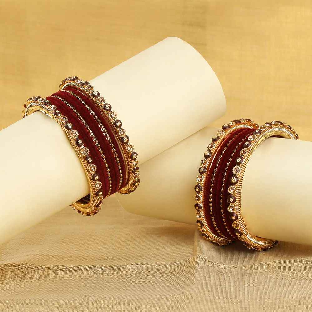Buy ACCESSHER Gold Plated Rhinestone Bangles, Delicate Gold Beads Bangles & Velvet Bangles Mix Set of 20- (Size - 2.6) - Purplle