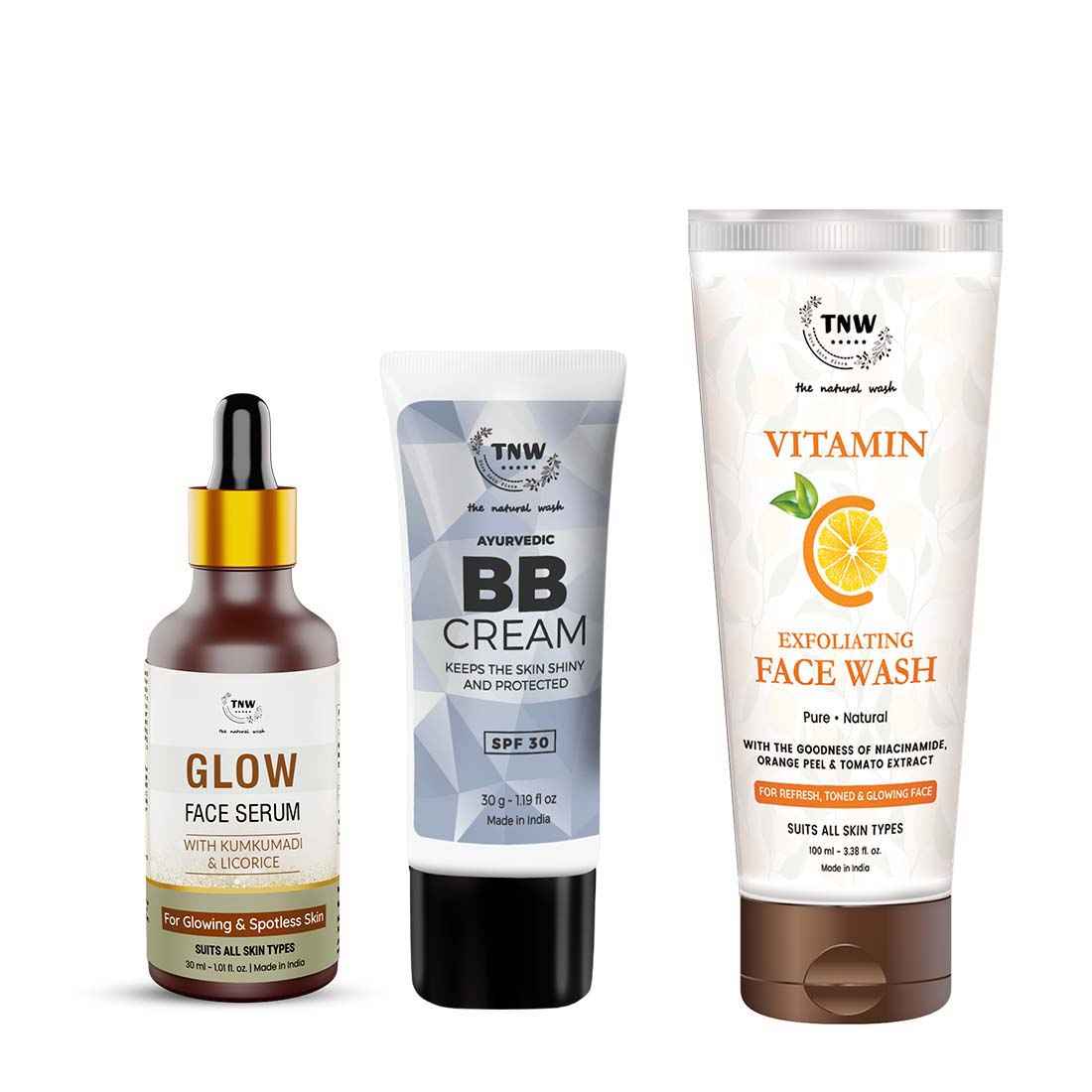 Buy Combo of 3- BB Cream 30 gm & Vitamin C Exfoliating Face Wash 100ml & Glow Face Serum 30ml - Purplle