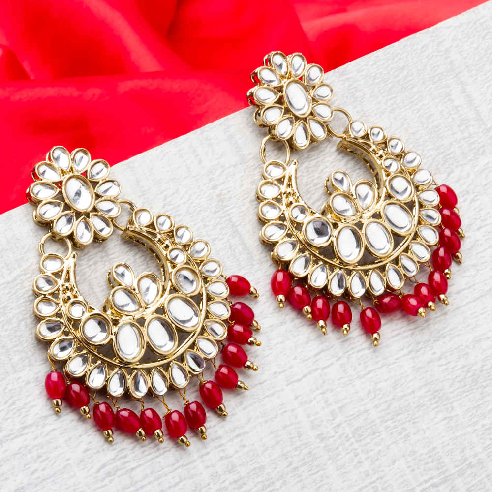 Buy Jewels Galaxy Red Antique Gold-Plated Stone-Studded Crescent Shaped Chandbalis - Purplle