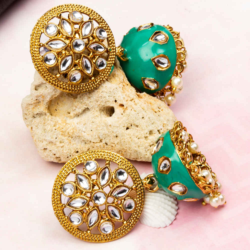 Buy Jewels Galaxy Teal Green Gold-Plated Stone-Studded Beaded Dome Shaped Jhumkas - Purplle