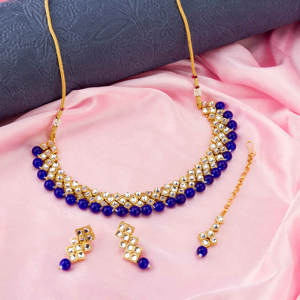 Buy Jewels Galaxy Blue Gold-Plated Artificial Stone Studded Beaded Jewellery Set - Purplle