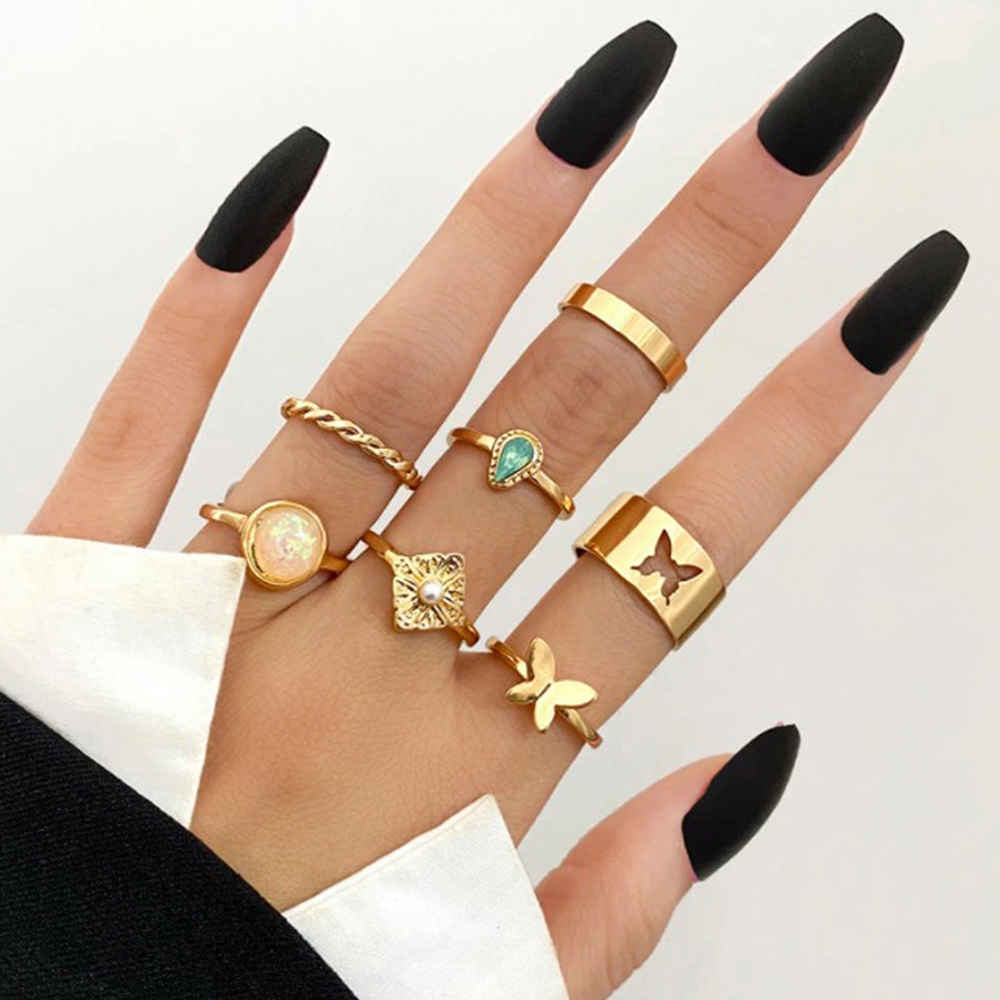 Buy Jewels Galaxy Set Of 7 Gold-Plated Finger Ring - Purplle