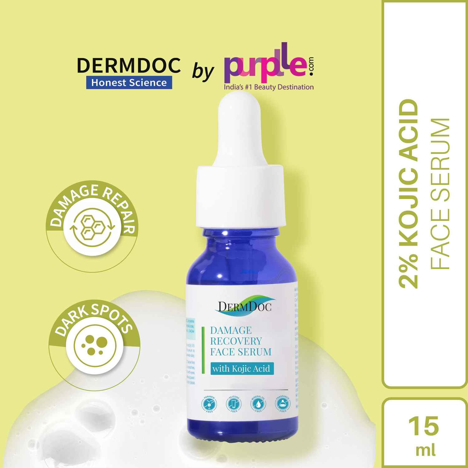 Buy DermDoc by Purplle Damage Recovery Face Serum with Kojic Acid (15ml) | For All Skin Types | Anti Blemish Serum, kojic acid serum | fairness serum | skin brightening serum | damage recovery serum - Purplle