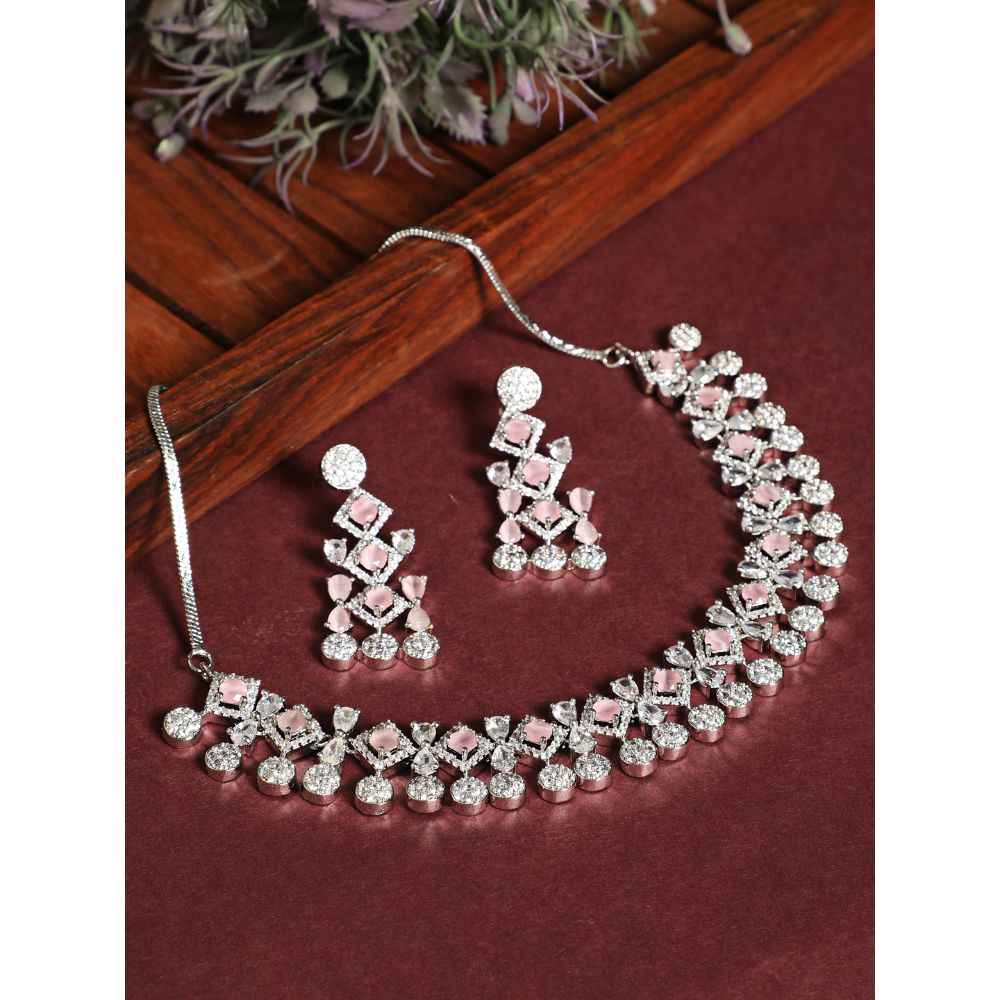 Buy Jazz And Sizzle Silver Plated Pink American Diamond Studded Handcrafted Necklace Set. - Purplle