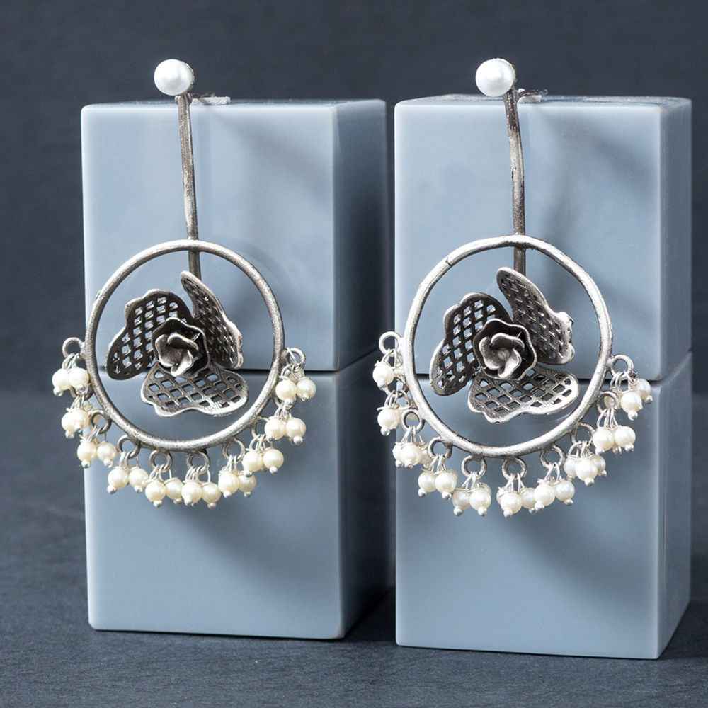 Buy Golden Peacock Oxidised Silver-Toned & Off White Beaded Floral Drop Earrings - Purplle