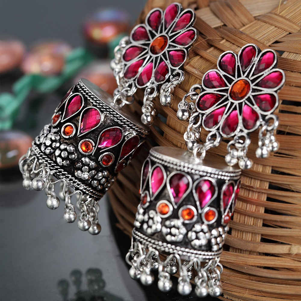 Buy Moedbuille Dome Shaped Handcrafted Multi Color Enamel Silver-Plated Brass Jhumkas - Purplle