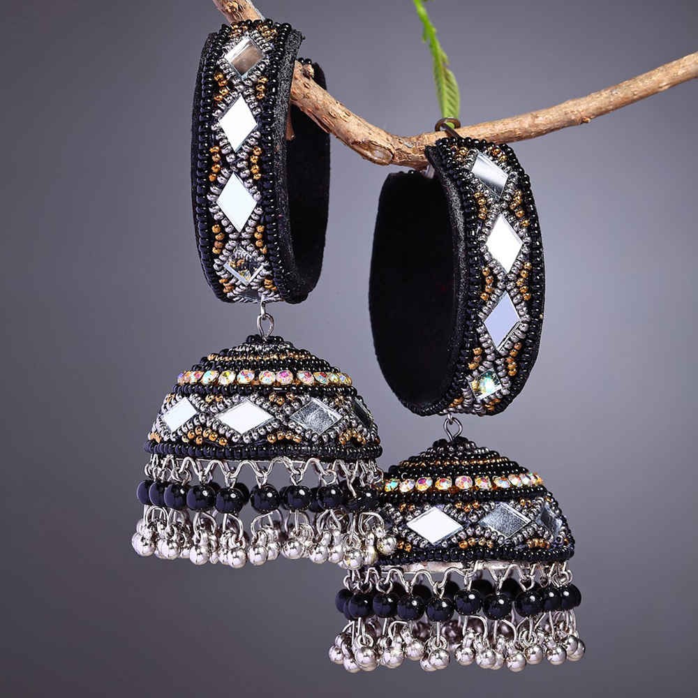 Buy Moedbuille Black Beads & Mirror Afghan Tasselled Design Oxidised Silver Plated Handcrafted Jhumkas - Purplle