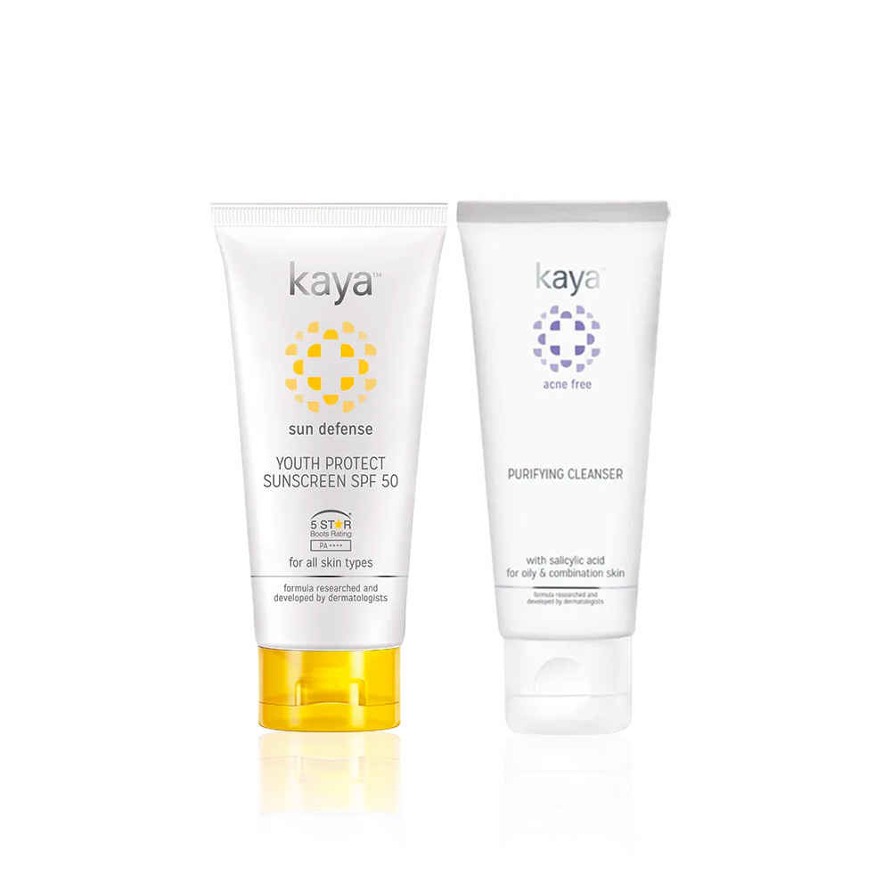 Buy Kaya Youth Protect Sunscreen SPF 50 PA++++ & Kaya Acne Free Purifying Cleanser with Salicylic Acid Combo Pack - Purplle