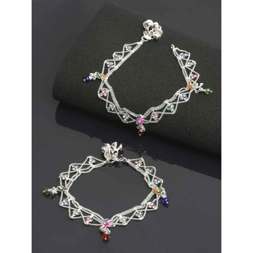 Buy YouBella Set of 2 Silver-Plated Green & Purple Stone-Studded Anklets - Purplle