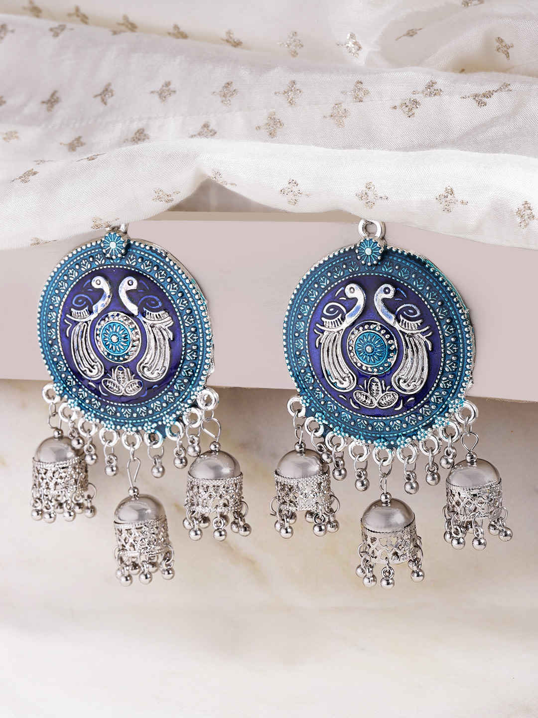 Buy YouBella Blue Silver-Plated Dome Shaped Enamelled Jhumkas - Purplle
