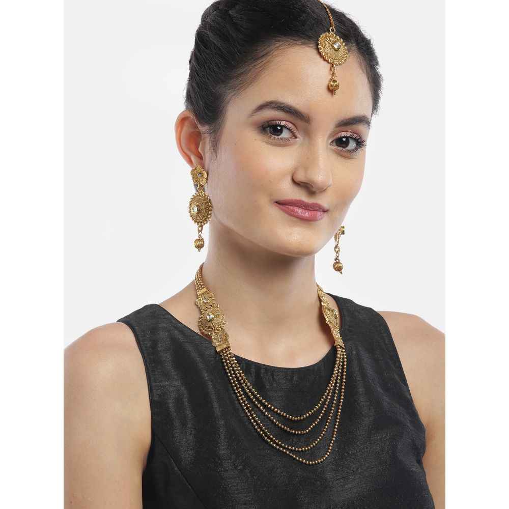 Buy YouBella Gold-Plated Textured Kundan Studded Layered Jewellery Set with Maang Tika - Purplle