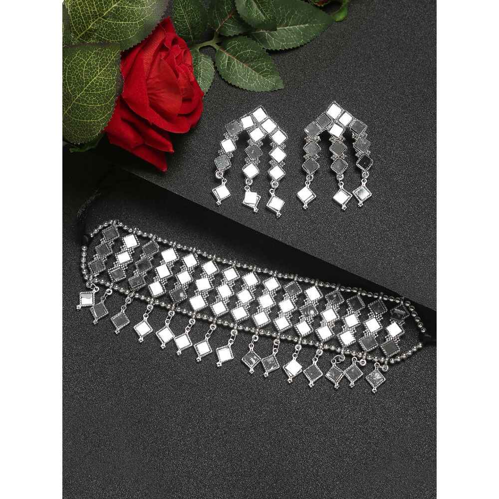 Buy YouBella Silver-Toned & Beaded Mirror Work Jewellery Set - Purplle
