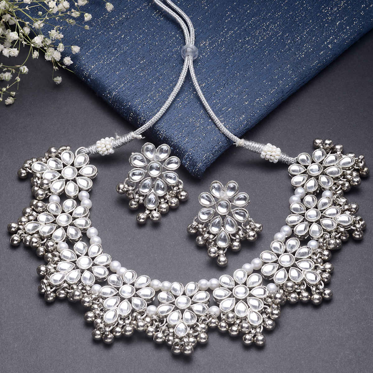 Buy Karatcart Oxidised Silver Tone Silver Ball Studded Kundan Choker Necklace Setfor Women - Purplle