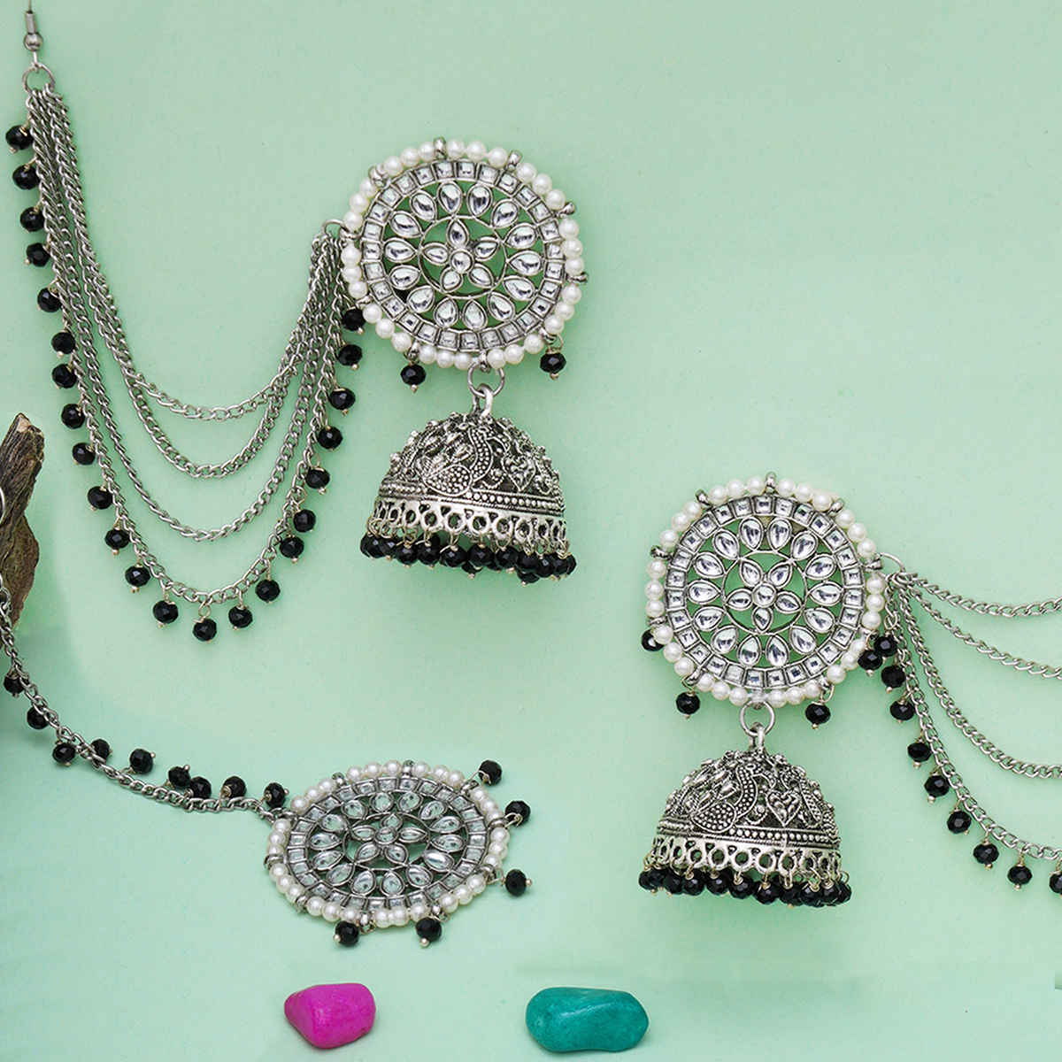 Buy Karatcart Oxidised Silver Black Crystal Studded Kundan Jhumki Earrings with Maangtikka - Purplle