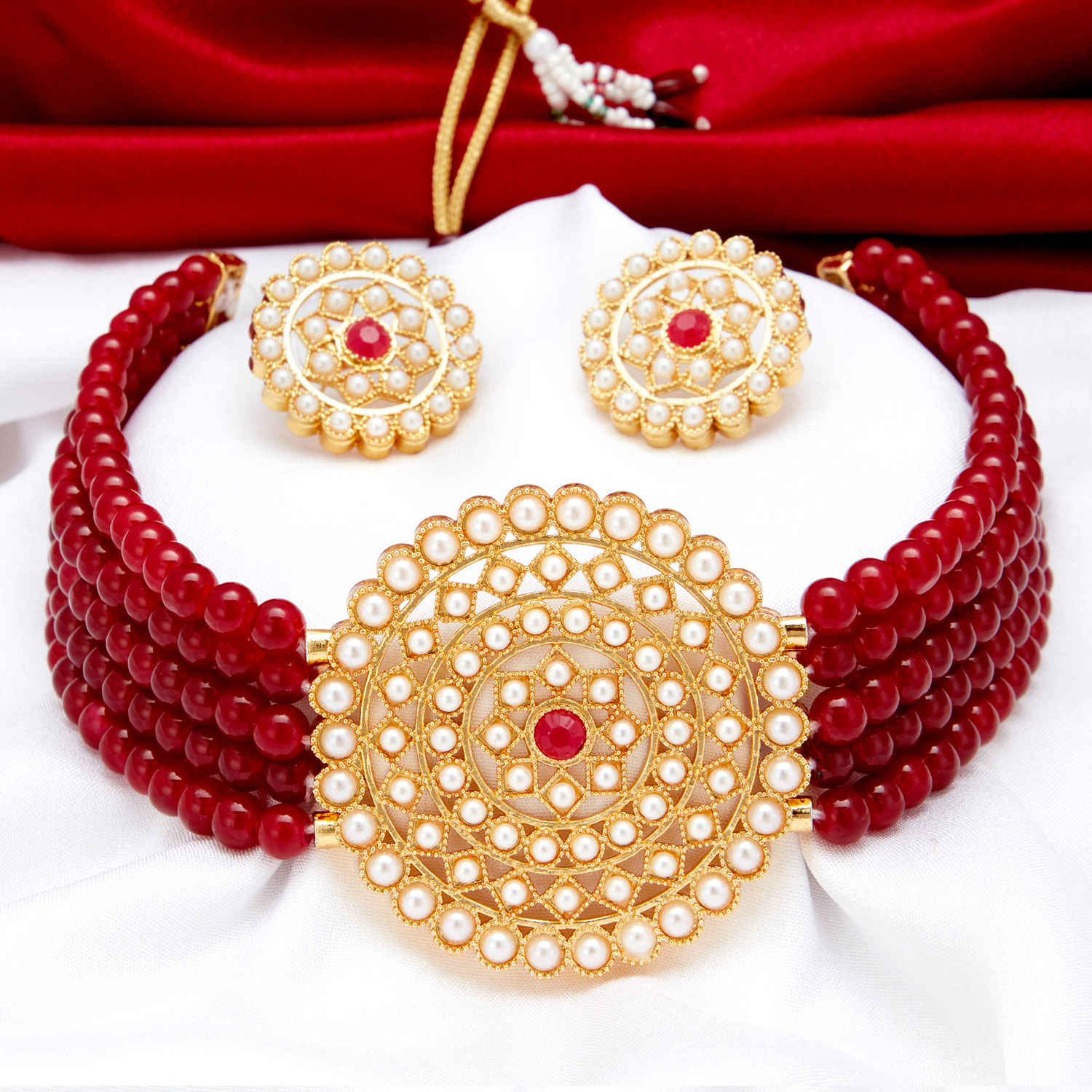 Buy Sukkhi Sparkling Gold Plated Maroon Pearl Choker Necklace Set for Women - Purplle