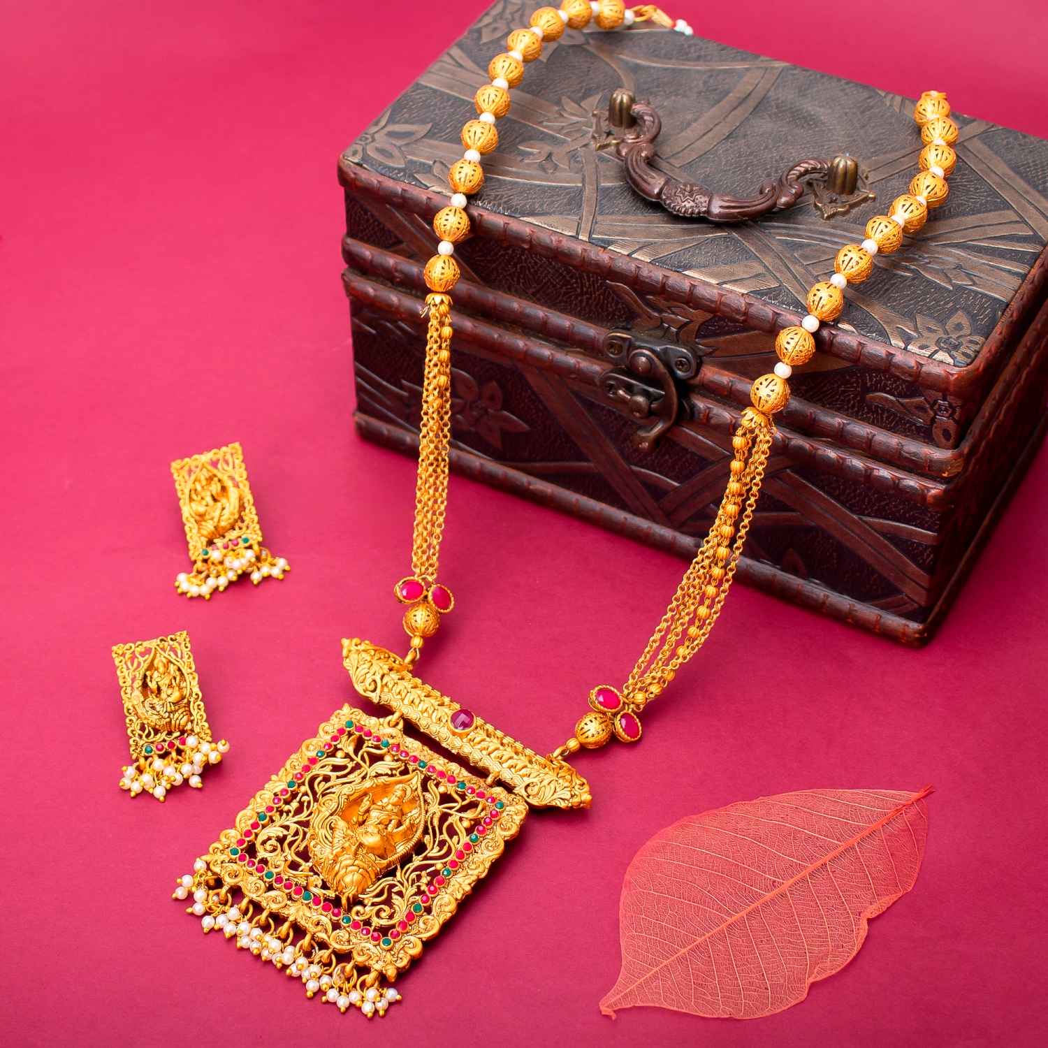 Buy Sukkhi Spectacular Pearl Gold Plated Goddess Temple Jewellery Long Haram Necklace Set for Women - Purplle