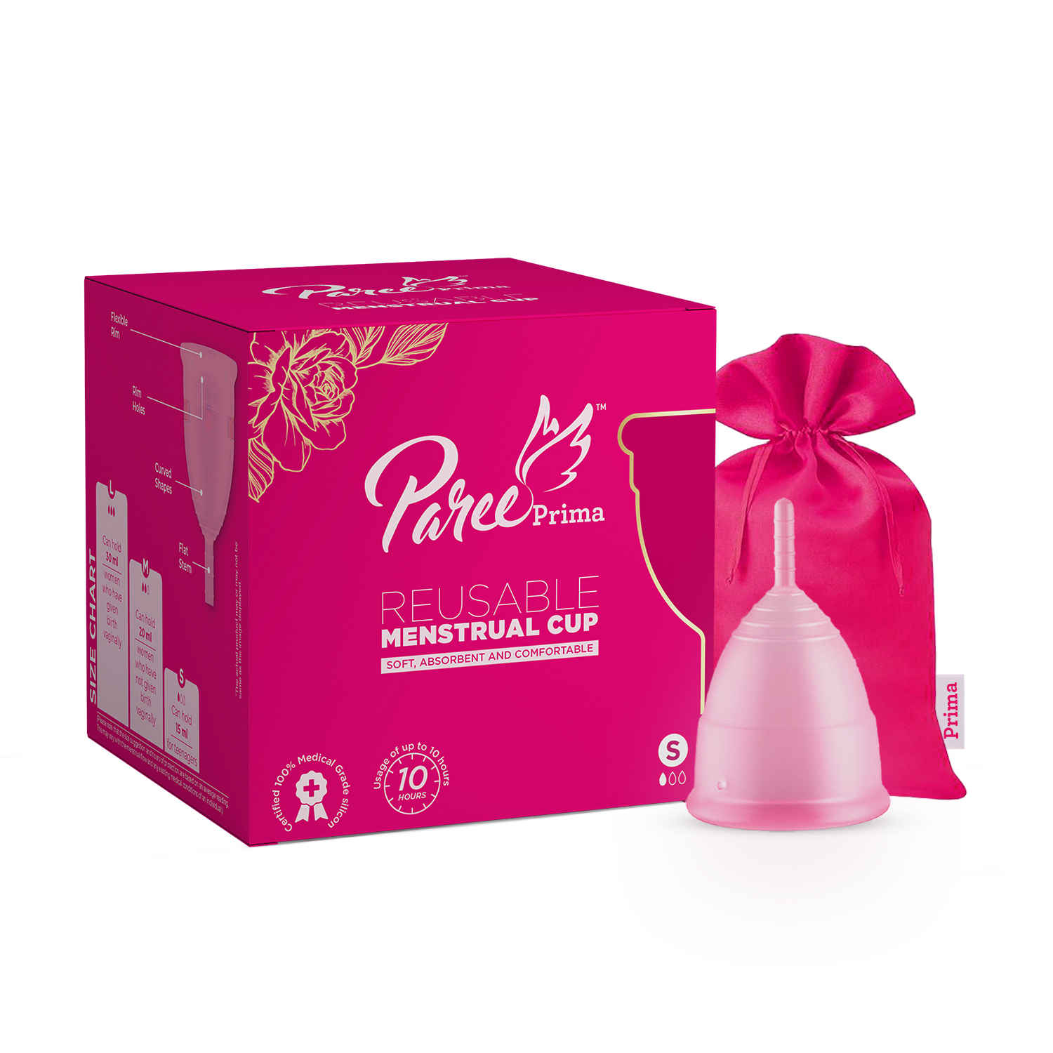 Buy Paree Prima Reusable Menstrual Cup with protection Pouch| Small Size | 100% Medical Grade Silicon|Super Soft ,Rash and Leak Free|Upto 10 Hour Protection| FDA approved - Purplle