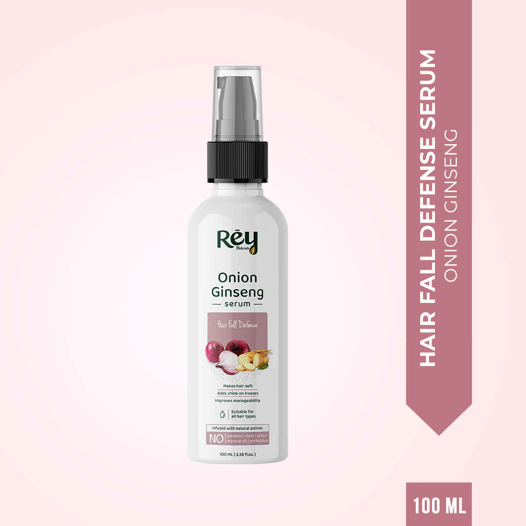 Buy Rey Naturals Onion Ginseng Hair Serum for Hair fall Defense | With Natural Actives | Paraben and Sulphate Free | For Frizz-free Hair with Extra Shine | 100 ML - Purplle