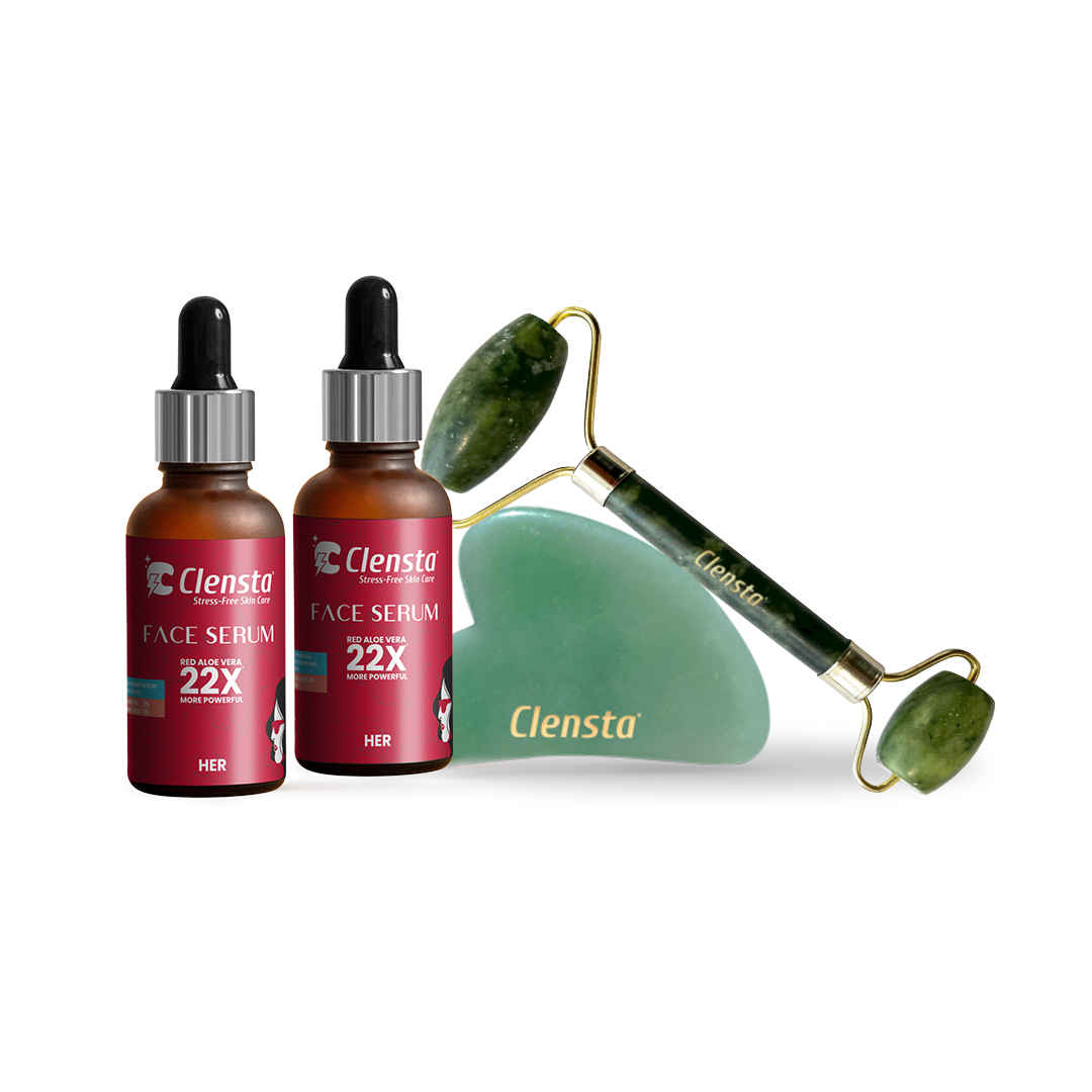 Buy Clensta Celerbrity Face Cuts pack for Women | Clensta Face Serum With 2% Hyaluronic Infused With Vitamin B5 | Clensta Face Serum With 2% Alpha Arbutin & 2% Hyaluronic Acid | Jade Roller | Gua Sha For Women - Purplle