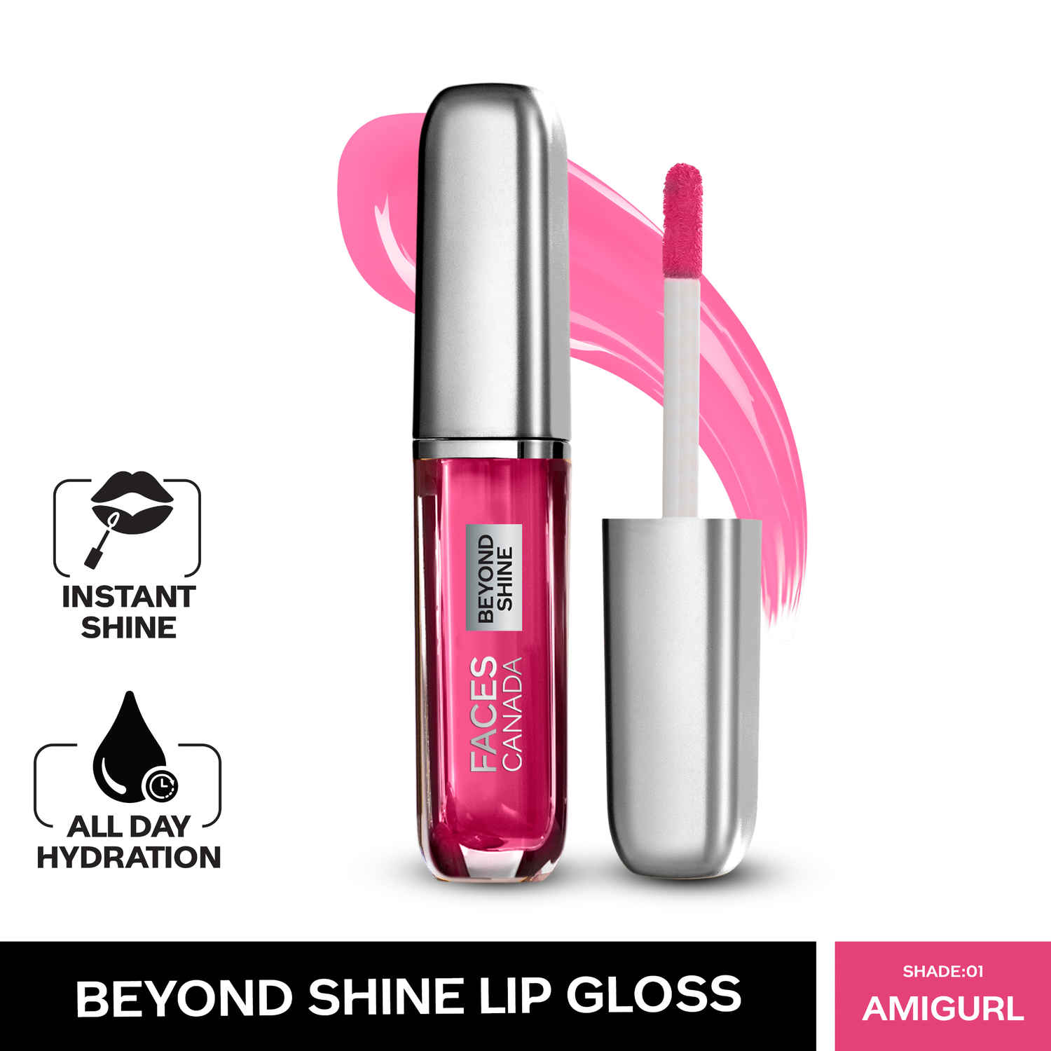Buy Faces Canada Beyond Shine Lip Gloss AmiGurl 01 I Instant Shine I Long lasting Hydration I Nourishing Macadamia Oil I Vegan I 3ml - Purplle