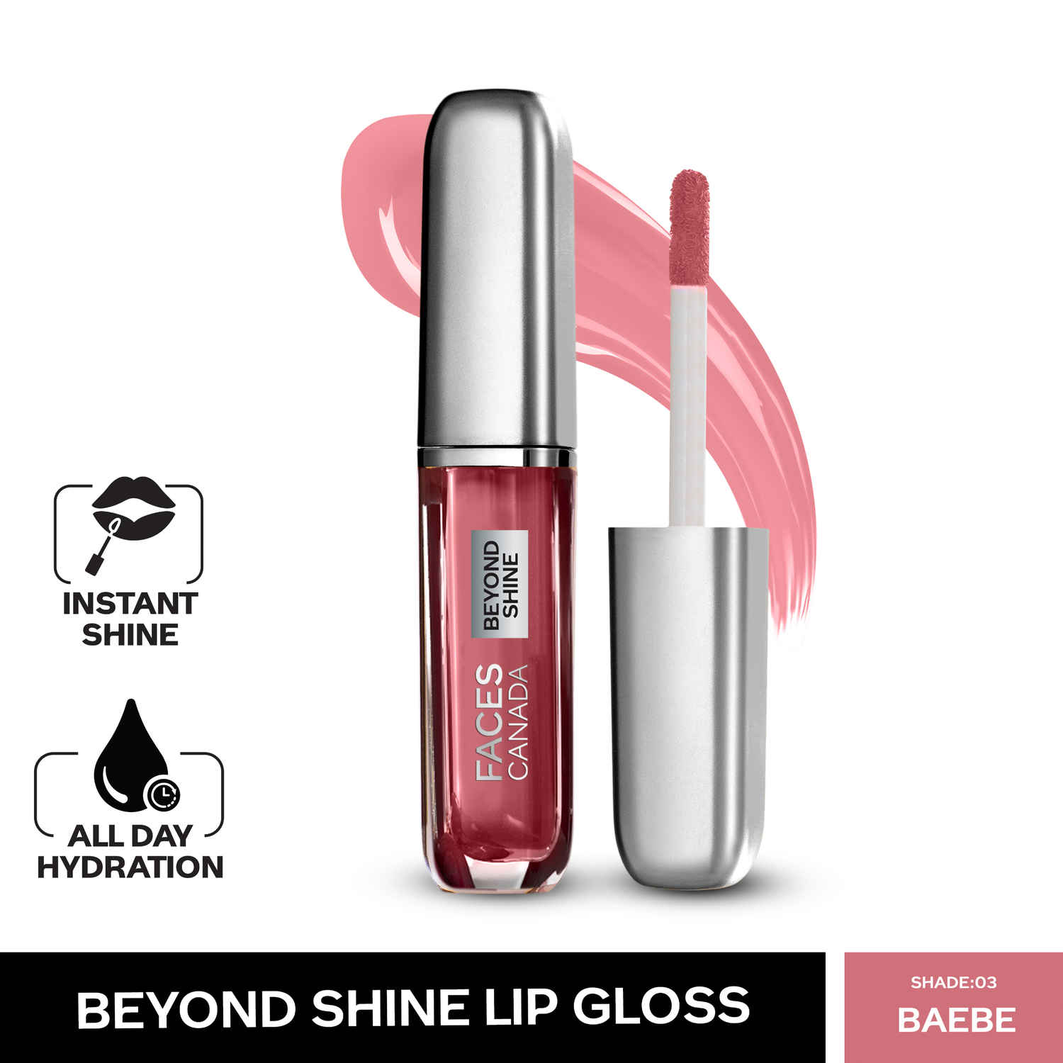 Buy Faces Canada Beyond Shine Lip Gloss BAEbe 03 I Instant Shine I Long lasting Hydration I Nourishing Macadamia Oil I Vegan I 3ml - Purplle