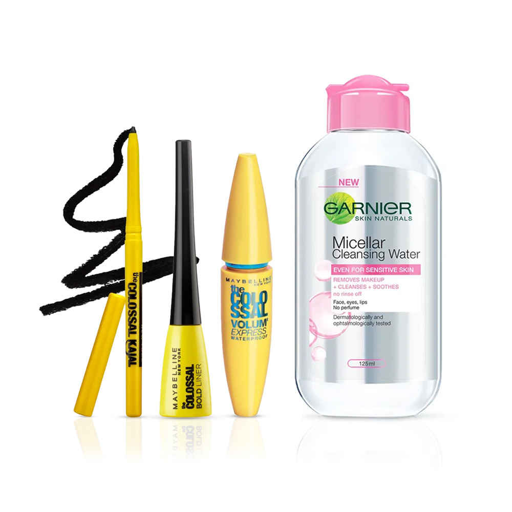 Buy Maybelline New York Volume Express Colossal Mascara, Waterproof, Black, 10g & Maybelline Colossal Kajal (0.35 g) & Garnier Skin Naturals, Micellar Cleansing Water, 125ml & Maybelline New York Colossal Bold Eyeliner, Black, 3g - Purplle