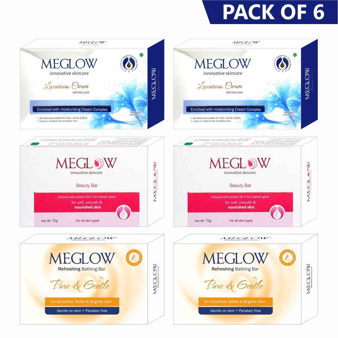 Buy Meglow Soap Combo Pack of 6 (75g) - Refreshing, Beauty Bar and Luxurious Cream Soap (2pcs Each) with Effective Ingredients - for Pure and Gentle on Skin - Purplle