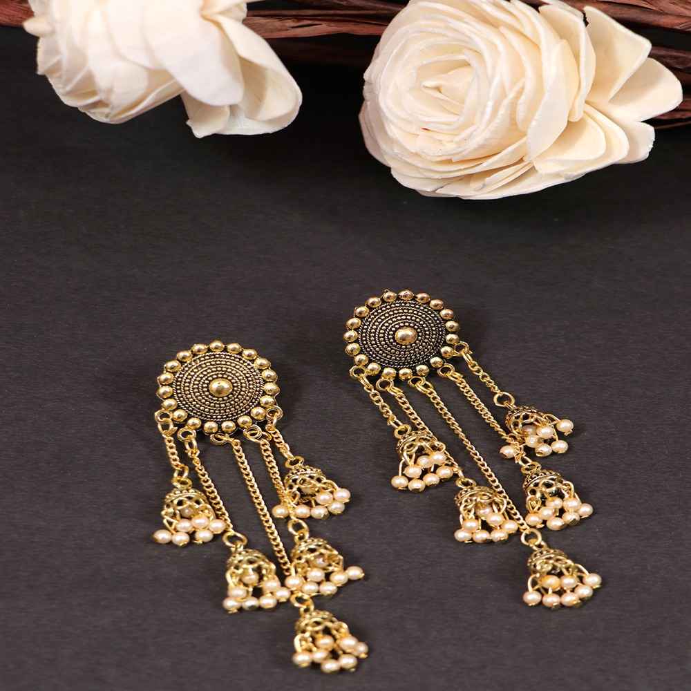 Buy Crunchy Fashion Retro Big Gold Jhumka With White Beads Long Chain Tassel Hangers Earrings - RAE1783 - Purplle