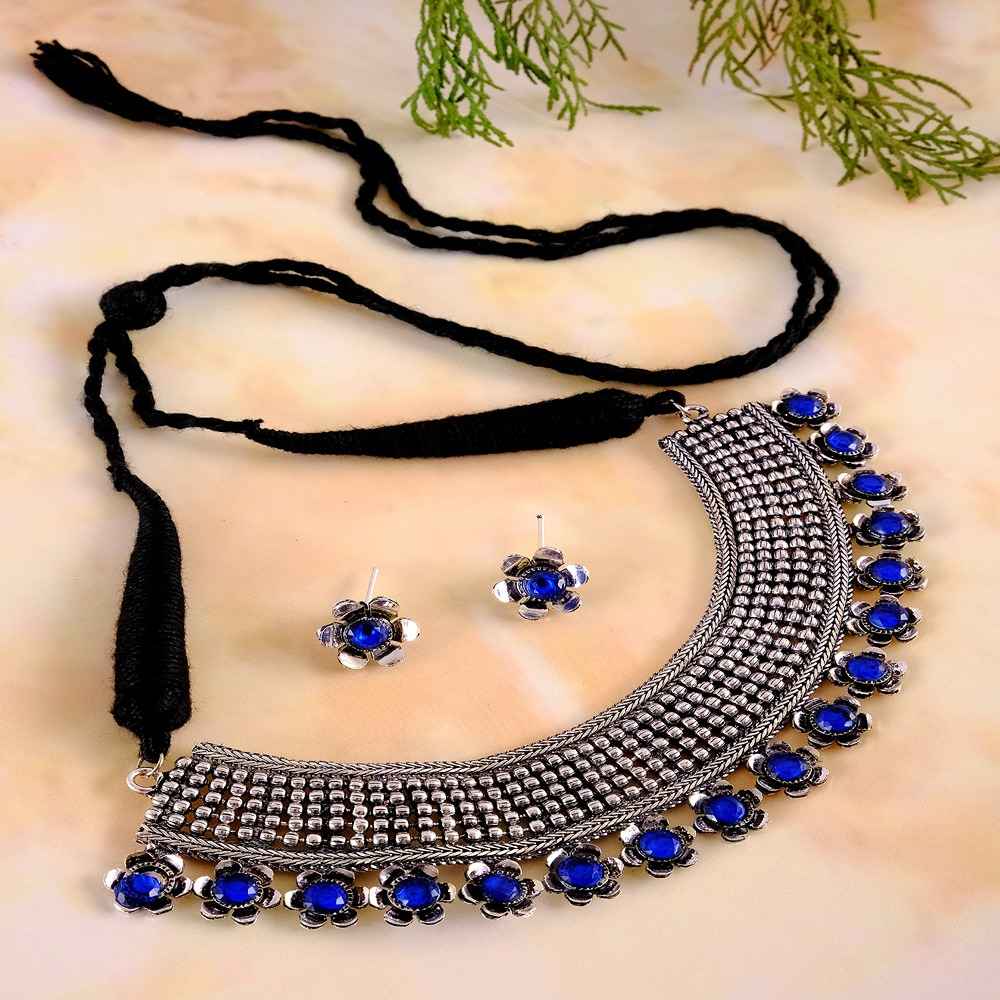 Buy Crunchy Fashion German Silver Oxidised Antique Boho Studded Blue Stone Designer Choker Necklace Set With Earrings Handmade Dori Thread CFS - CFS0353 - Purplle