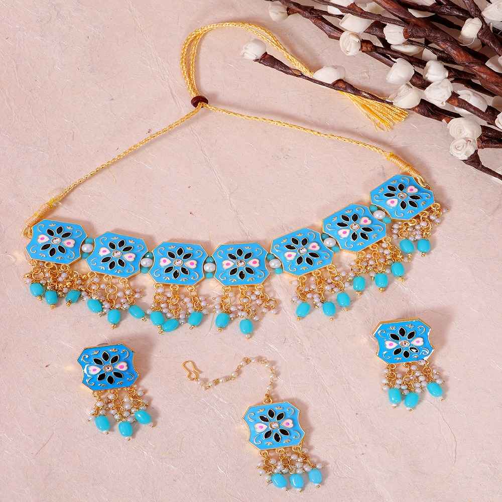 Buy Crunchy Fashion Crunchy Fashion Indian Gold-Plated Sky Blue Meenakari Rajasthani Design Choker Jewellery Set RAS - RAS0485 - Purplle