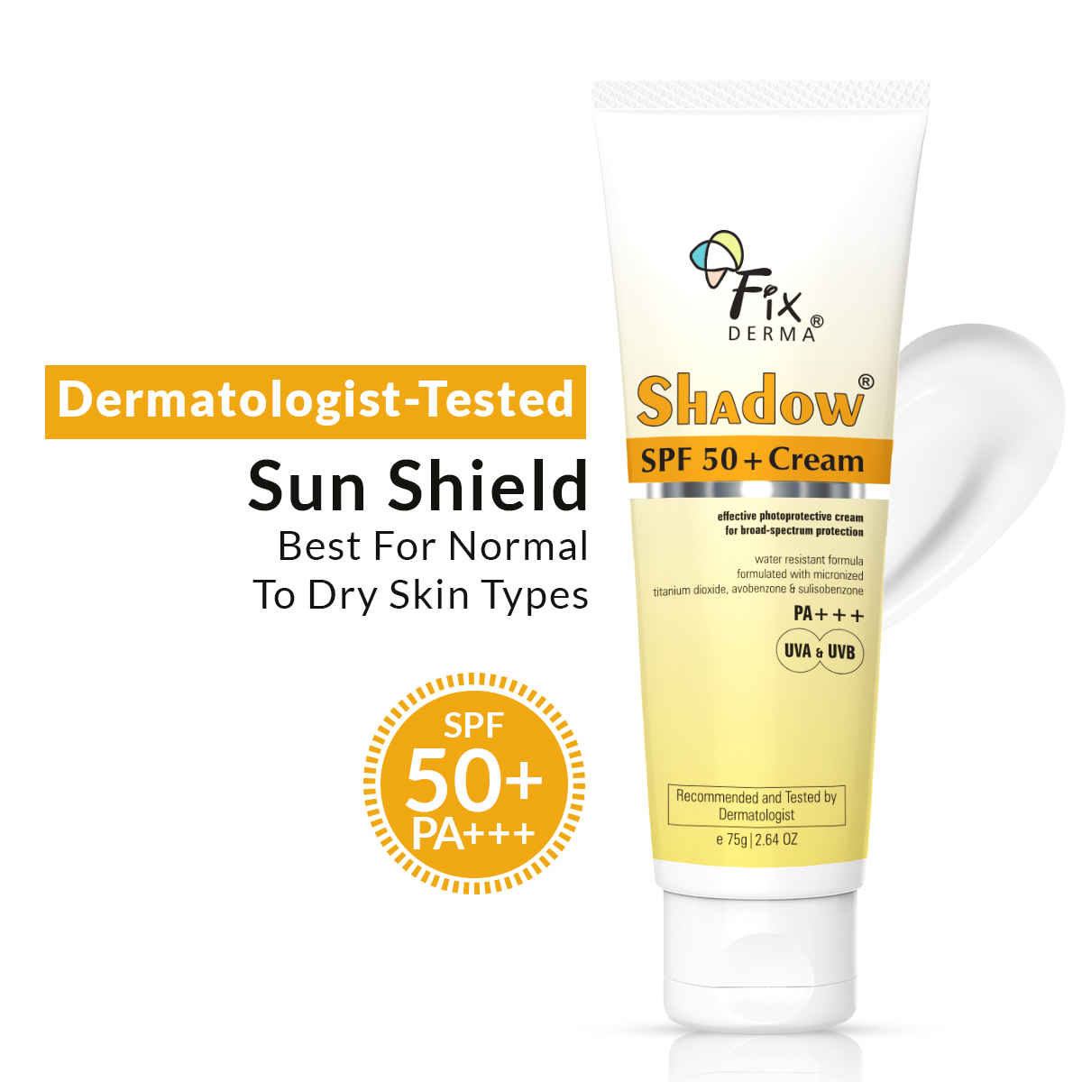 Buy Fixderma Shadow Sunscreen SPF 50+ Cream,Sunscreen For Dry Skin, Sun Screen Protector SPF 50, Sunscreen For Body & Face, Broad Spectrum Sunscreen For Uva & Uvb Protection,Sunscreen For Women & Men,Non Greasy & Water Resistant - 75 gm - Purplle