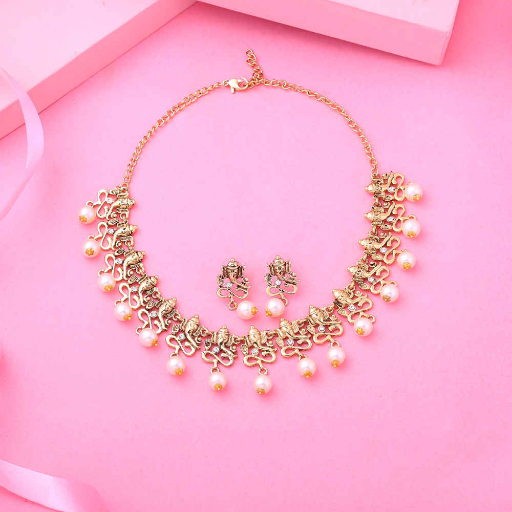 Buy Estele Gold Plated Antique Divine Ganesh Choker Necklace Set with Glowing Pearls for Women - Purplle