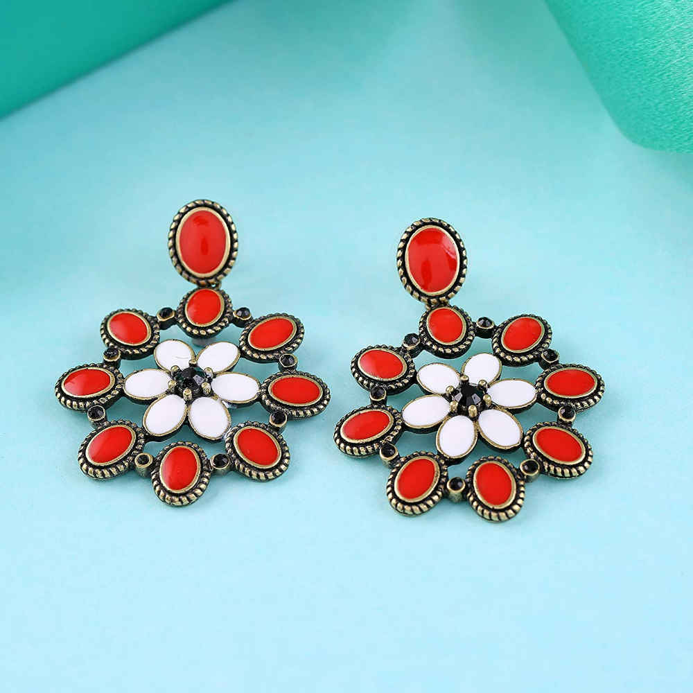 Buy Estele Gold Plated Oxidised Red Flower Fancy Stylish Hanging Earrings for Women - Purplle