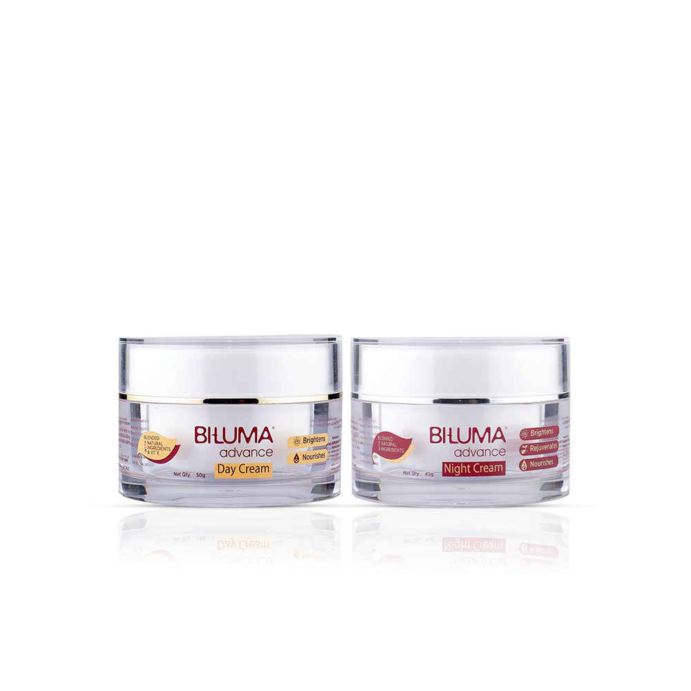 Buy Biluma Advance Skin Brightening Day cream + Night cream combo| For even skin tone dark spots and wrinkles| With Vitamin E Vitamin C and Hyaluronic acid| 50gm +45gm - Purplle