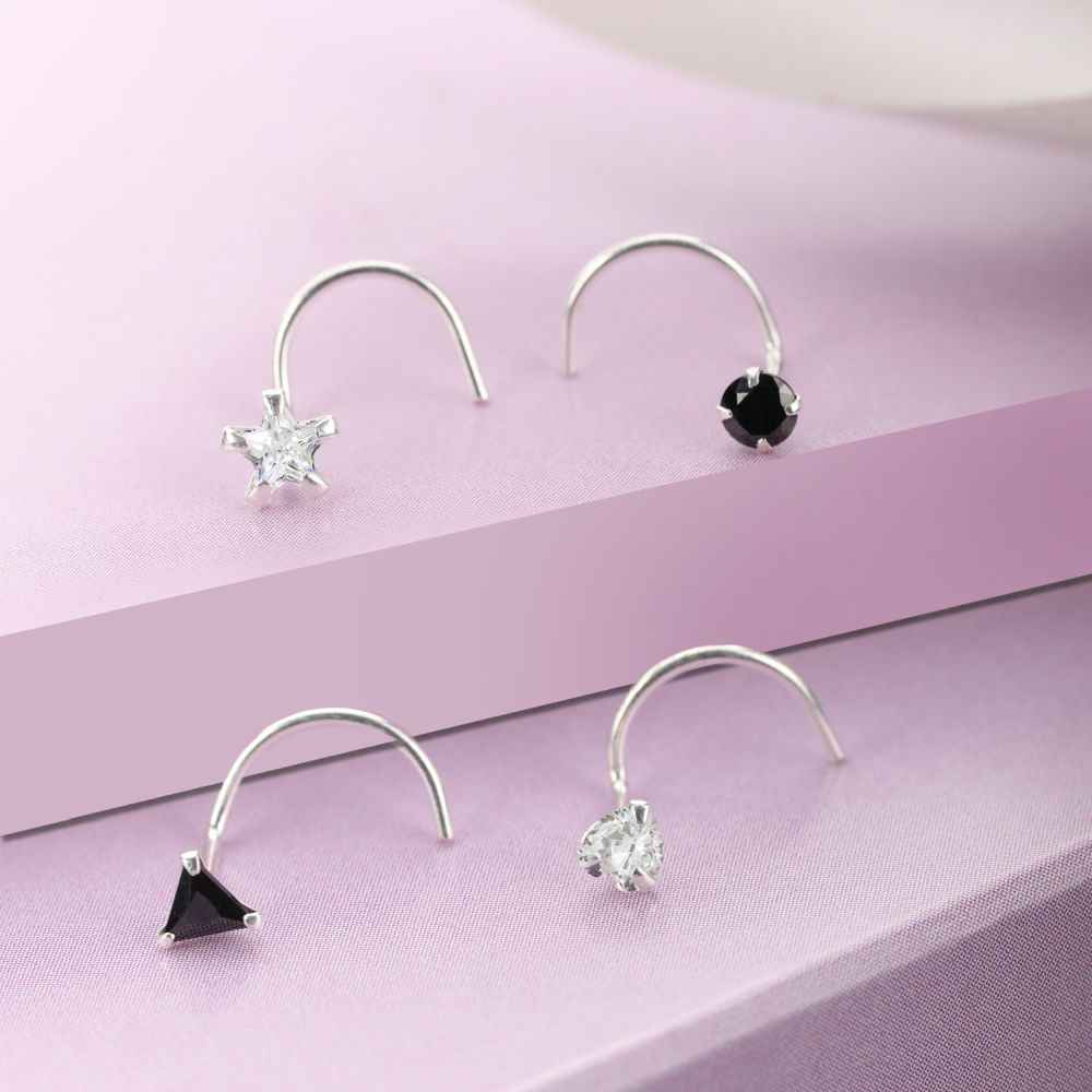 Buy ZAVYA 925 Sterling Silver Rhodium-plated Minimal CZ Studded Nose Pin Set | With Certificate of Authenticity and 925 Hallmark - Purplle